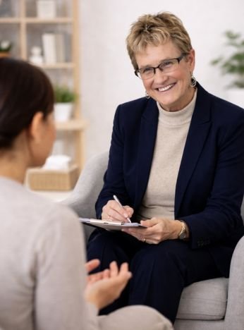 Photograph of Dr. Alyson R. Kohl, LMFT, actively listening and providing compassionate counseling in a warm therapy setting.