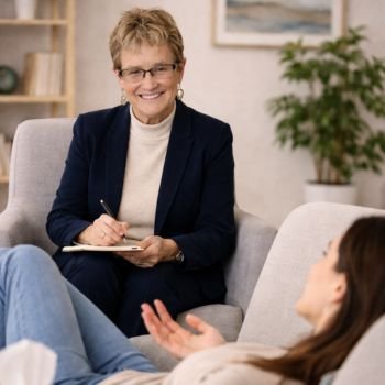 Photograph of a warm, in-person therapy session at Flourishing Bonds Coaching, with Dr. Alyson Kohl attentively listening to a client resting comfortably on a sofa.
